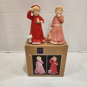 Vintage Sunsweet Merry Bells Ceramic Girl and Boy Figurines Hand Painted Holiday